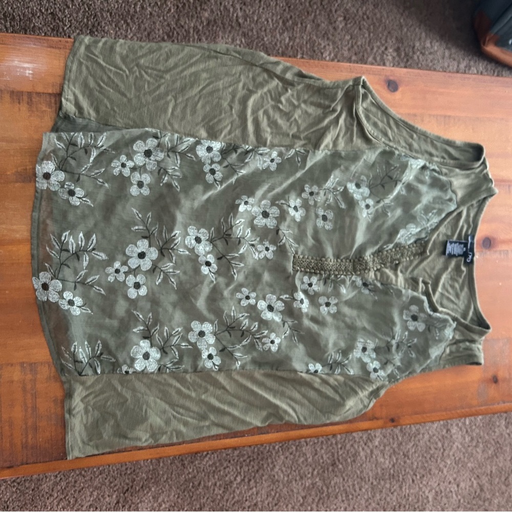 Mossimo Olive Green Floral Embroidered Top